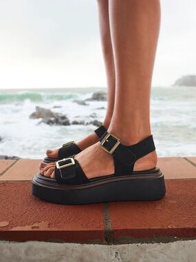 Source Wide Fit Black Flatform Buckle Sandals US size 8